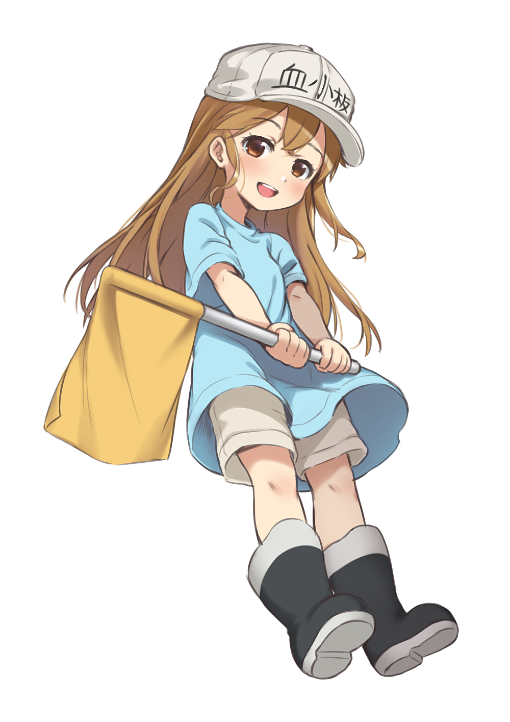 1girl blush boots brown_eyes brown_hair child eyebrows_visible_through_hair female flag full_body hat hataraku_saibou holding holding_flag long_hair looking_at_viewer looking_to_the_side open_mouth piano-alice platelet_(hataraku_saibou) shirt short_sleeves shorts solo teeth white_hat