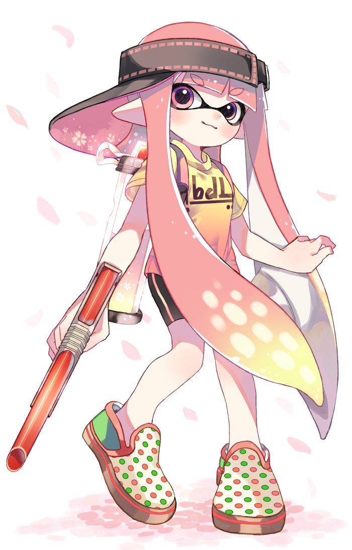 backwards_hat bangs bike_shorts black_hat black_shorts blunt_bangs cherry_blossoms closed_mouth commentary domino_mask eyebrows_visible_through_hair full_body hat holding holding_weapon ink_tank_(splatoon) inkling inkling_(language) long_hair looking_at_viewer maco_spl mask multicolored multicolored_polka_dots n-zap_(splatoon) pink_eyes pink_hair pointy_ears polka_dot polka_dot_footwear shirt shoes short_sleeves shorts single_vertical_stripe smile solo splatoon_(series) splatoon_1 standing standing_on_one_leg t-shirt tentacle_hair very_long_hair visor_cap weapon white_background yellow_shirt