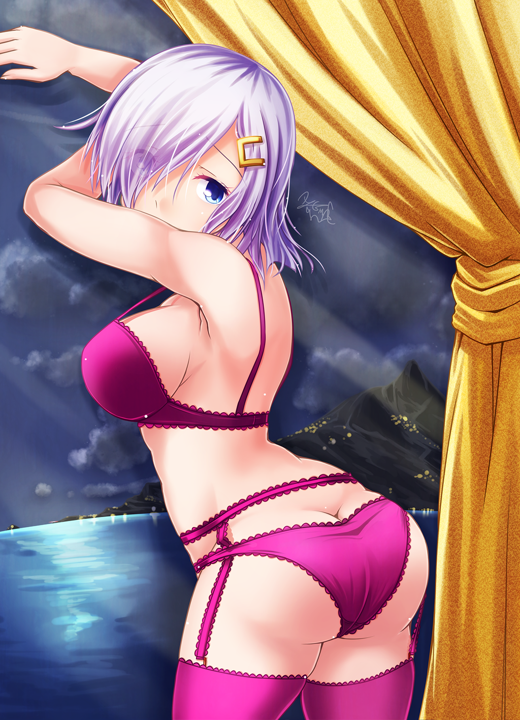 against_glass ass ayatsuri-doll blue_eyes blush bra breasts butt_crack city_lights cloud commentary_request covered_mouth curtains eyebrows_visible_through_hair eyes_visible_through_hair garter_belt garter_straps hair_ornament hair_over_one_eye hairclip hamakaze_(kantai_collection) highres indoors kantai_collection large_breasts lingerie looking_at_viewer night night_sky ocean panties purple_bra purple_legwear purple_panties short_hair silver_hair sky solo thighhighs thighs underwear underwear_only