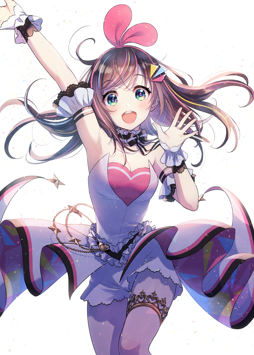 :d a.i._channel adapted_costume arm_up armpits bangs black_choker blue_eyes blush breasts brown_hair choker cleavage commentary_request detached_sleeves eyebrows_visible_through_hair frilled_choker frills green_eyes hair_ornament hair_ribbon hairband hand_up heart highlights highres jewelry kizuna_ai long_hair medium_breasts morikura_en multicolored_hair neck_ribbon open_mouth outstretched_arm overskirt pink_hair pink_ribbon ribbon ring round_teeth shirt short_shorts short_sleeves shorts simple_background smile solo star strap strapless streaked_hair striped striped_neckwear swept_bangs teeth thigh_strap triangle upper_teeth virtual_youtuber walking waving white_background white_shirt white_shorts wrist_cuffs