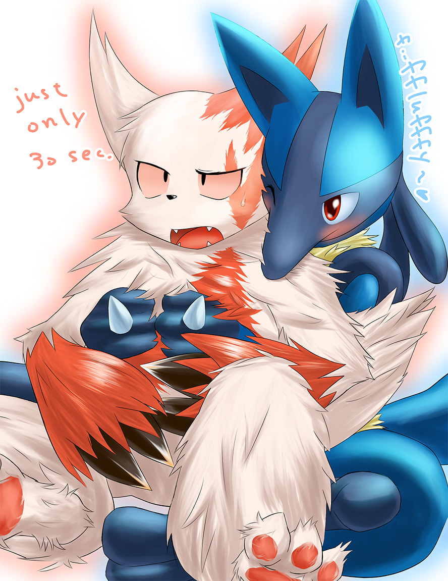 &lt;3 2015 blush duo lucario nintendo pok&eacute;mon pok&eacute;mon_(species) red_eyes sheeque simple_background sweat video_games zangoose