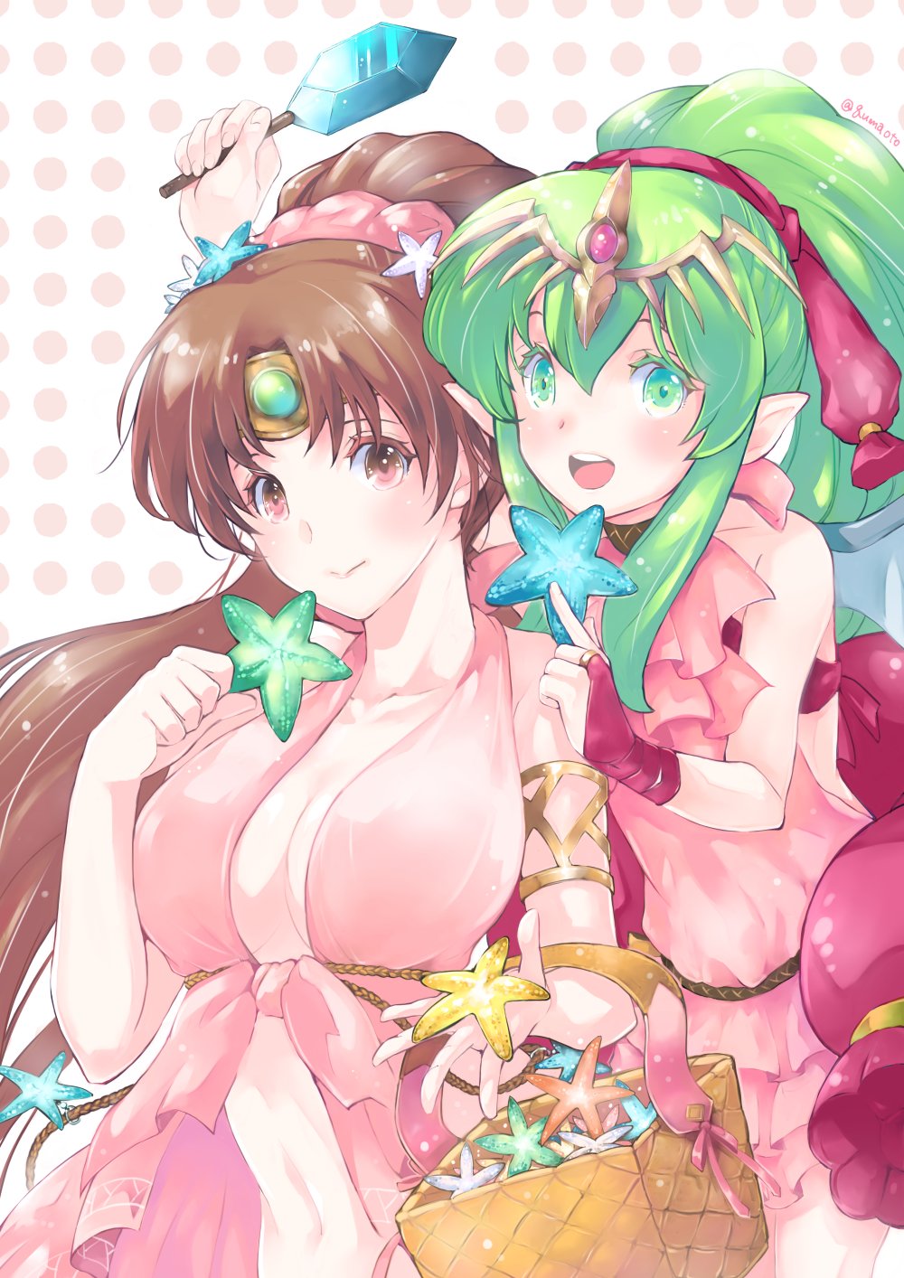 bare_shoulders basket bikini breasts brown_eyes brown_hair chiki circlet commentary_request fire_emblem fire_emblem:_monshou_no_nazo fire_emblem_heroes food green_eyes green_hair hair_ribbon highres linda_(fire_emblem) long_hair mamkute medium_breasts multiple_girls open_mouth pink_swimsuit pointy_ears ponytail popsicle qumaoto red_ribbon ribbon starfish swimsuit tiara twitter_username