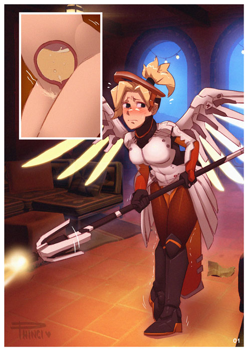 1girl artist_name black_footwear bladder blonde_hair blue_eyes blush boots border breasts couch embarrassed female flying_sweatdrops full_body hair_tie halo have_to_pee high_ponytail holding holding_staff indoors knee_boots leaning_forward leggings looking_to_the_side mechanical_wings medium_breasts mercy_(overwatch) multiple_views nose_blush overwatch phinci ponytail pubic_hair shiny shiny_hair signature staff standing tied_hair trembling urine_meter white_border wings x-ray