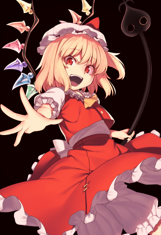 :d ascot black_background blonde_hair bloomers bow commentary_request cowboy_shot crystal eyebrows_visible_through_hair flandre_scarlet foreshortening frilled_shirt_collar frills hat hat_bow holding kaiza_(rider000) laevatein looking_at_viewer mob_cap one_side_up open_mouth outstretched_arm petticoat puffy_short_sleeves puffy_sleeves red_bow red_eyes red_skirt red_vest shirt short_hair short_sleeves simple_background skirt smile solo touhou underwear vest white_bloomers white_hat white_shirt wings yellow_neckwear