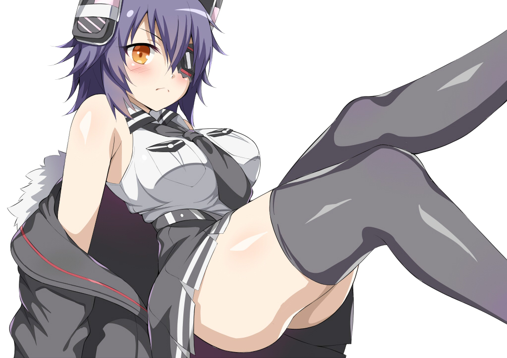 :&lt; black_legwear blush breast_pocket breasts eyepatch impossible_clothes impossible_shirt jacket kantai_collection large_breasts looking_at_viewer necktie off_shoulder pocket purple_hair remodel_(kantai_collection) shirt short_hair simple_background solo tenryuu_(kantai_collection) thighhighs toshishikisai white_background yellow_eyes