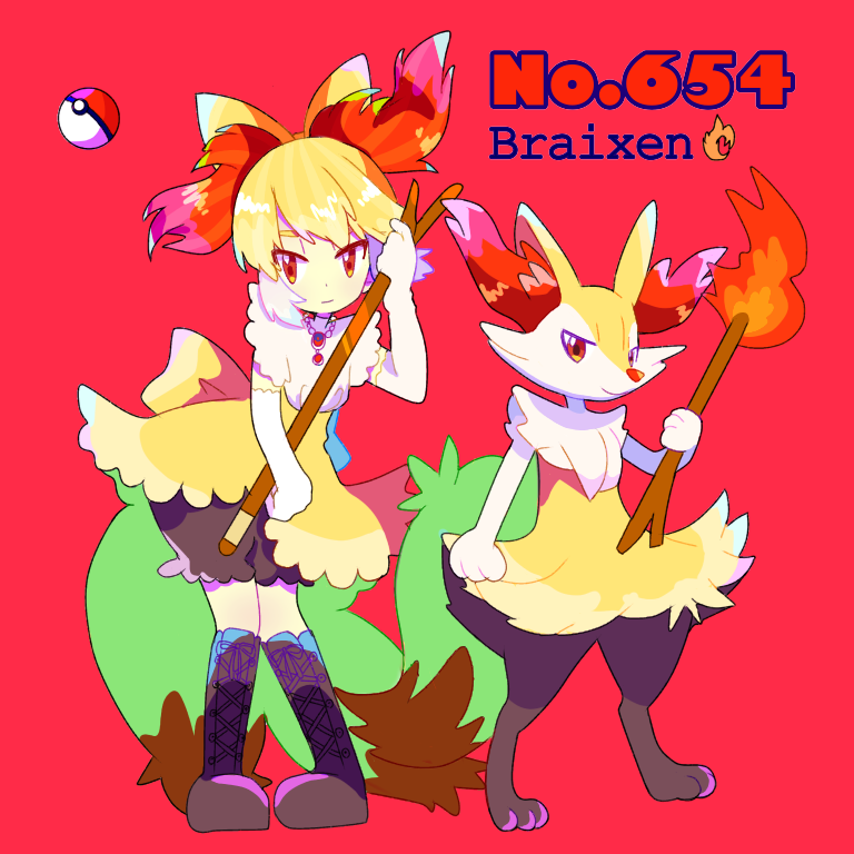bad_id bad_pixiv_id black_footwear bloomers bow braixen character_name dress fire full_body furry gen_6_pokemon hair_bow holding holding_stick holding_torch jewelry looking_at_viewer mameeekueya moemon necklace personification poke_ball pokemon pokemon_(creature) red_background red_eyes simple_background smile stick tail torch underwear yellow_dress