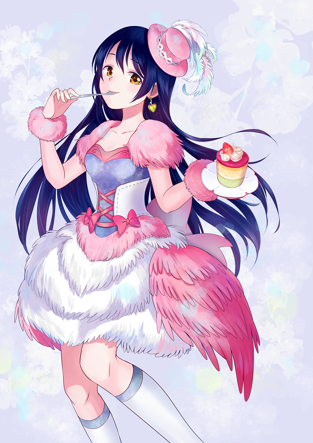 bangs blue_hair blush cake commentary_request dress earrings feathers food hair_between_eyes hat highres jewelry long_hair looking_at_viewer love_live! love_live!_school_idol_project plate simple_background smile solo sonoda_umi yellow_eyes zhaitengjingcang