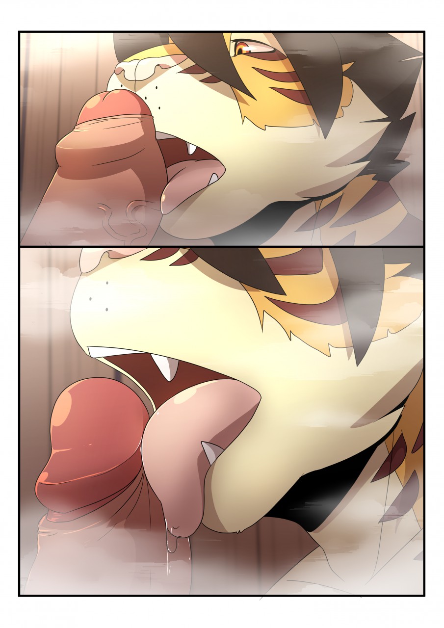 anthro baraking close-up comic erection fangs father father_and_son feline humanoid_penis incest licking male male/male mammal open_mouth oral parent partially_retracted_foreskin penis penis_lick retracted_foreskin saliva sex son tiger tongue tongue_out uncut
