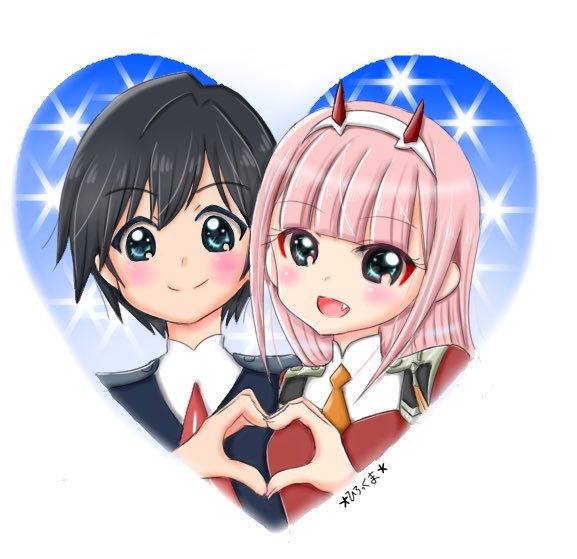 1boy 1girl bangs black_hair blue_eyes blush commentary_request couple darling_in_the_franxx eyebrows_visible_through_hair fang green_eyes hair_ornament hairband heart heart_hands hetero hiro_(darling_in_the_franxx) horns long_hair long_sleeves looking_at_viewer military military_uniform necktie oni_horns orange_neckwear pink_hair red_horns red_neckwear rirakkumahiroko short_hair uniform white_hairband zero_two_(darling_in_the_franxx)