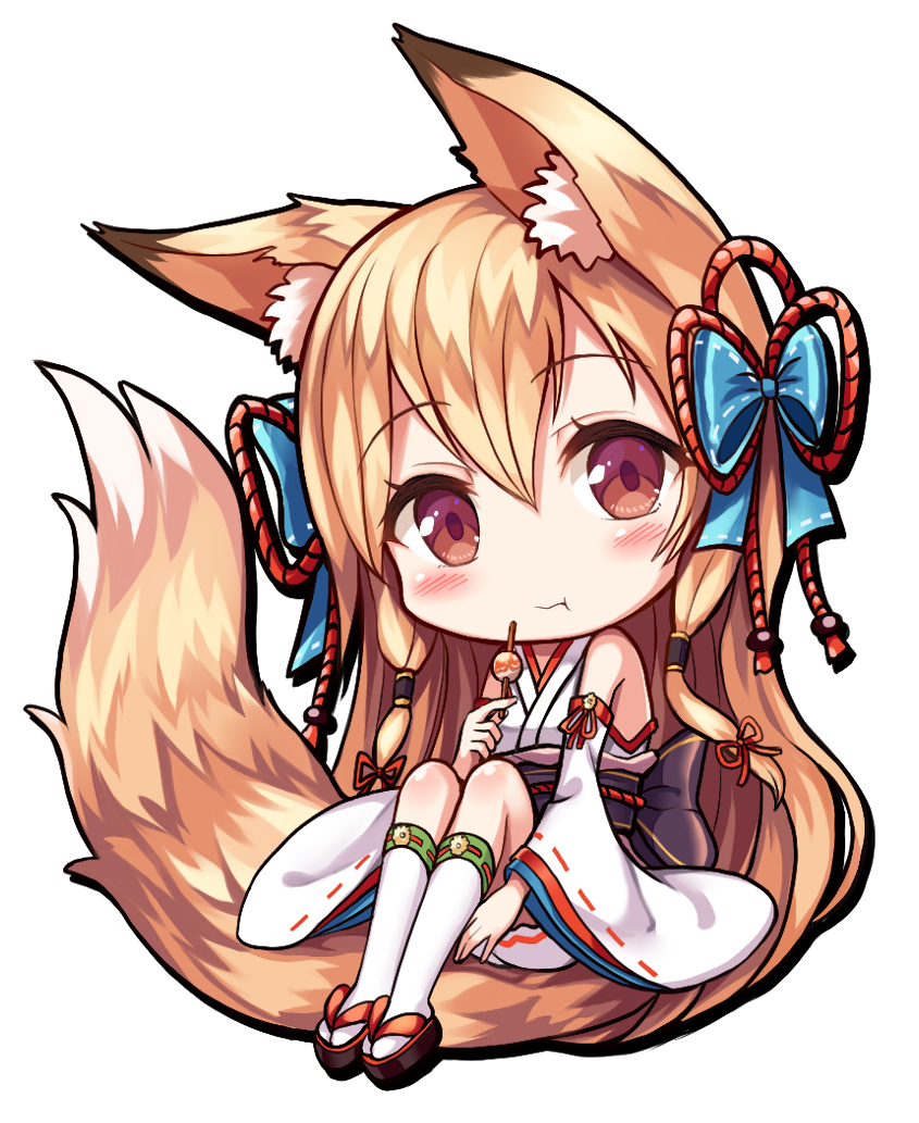 :t animal_ear_fluff animal_ears black_footwear blue_bow blush bow chibi closed_mouth commentary_request detached_sleeves eating food fox_ears fox_girl fox_tail full_body hair_bow holding holding_food japanese_clothes kimono kneehighs light_brown_hair long_hair long_sleeves okobo original red_eyes ribbon-trimmed_legwear ribbon-trimmed_sleeves ribbon_trim sakura_ani short_kimono simple_background sitting sleeveless sleeveless_kimono solo tail very_long_hair white_background white_kimono white_legwear wide_sleeves