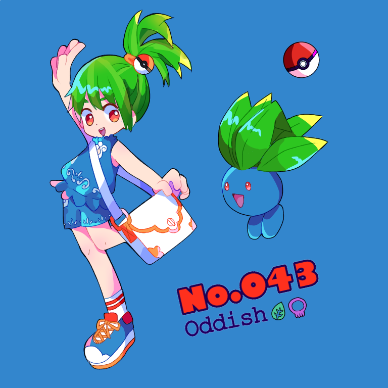 arm_up bad_id bad_pixiv_id bag blue_background blue_shirt character_name english full_body gen_1_pokemon green_hair leg_up mameeekueya medium_hair moemon oddish open_mouth personification poke_ball pokemon pokemon_(creature) red_eyes shirt shorts simple_background sleeveless smile standing