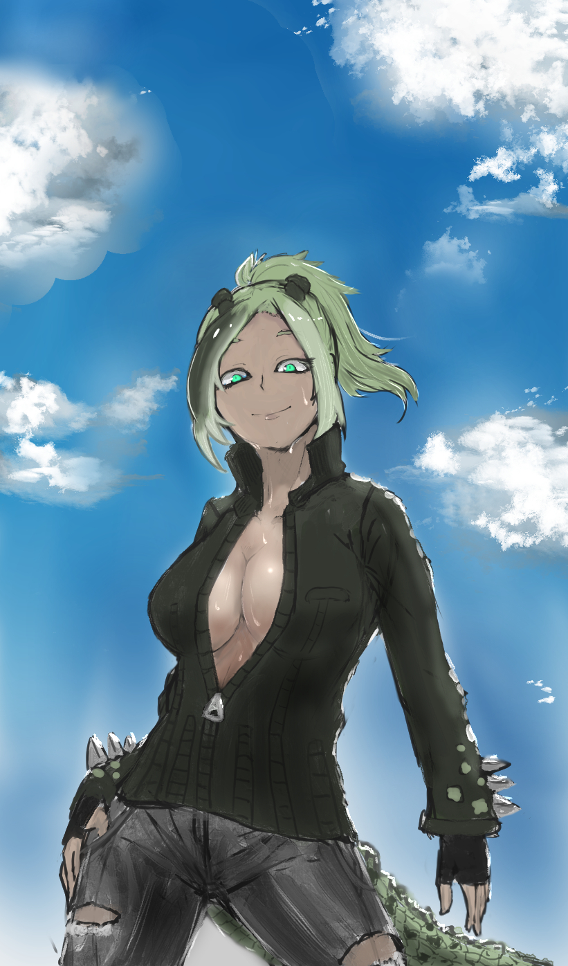 2018 5_fingers adeshi0693119 animal_humanoid big_breasts biped black_clothing black_hair breasts cleavage clothed clothing cloud crocodile crocodilian crocodilian_humanoid digital_drawing_(artwork) digital_media_(artwork) eyelashes female fingerless_gloves front_view gloves green_eyes grey_clothing hair half-length_portrait hand_on_hip hi_res huge_breasts humanoid humanoid_hands jeans kemono_friends light_skin looking_down multicolored_hair pants ponytail portrait reptile reptile_humanoid saltwater_crocodile saltwater_crocodile_(kemono_friends) scalie short_hair sky smile solo spikes standing tan_hair tan_skin torn_clothing torn_jeans torn_pants two_tone_hair wet