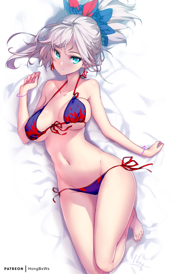bare_legs bare_shoulders barefoot bed_sheet bikini blue_eyes blush breasts commentary earrings fate/grand_order fate_(series) front-tie_bikini front-tie_top groin hair_ornament hong_(white_spider) jewelry large_breasts long_hair looking_at_viewer miyamoto_musashi_(fate/grand_order) navel parted_lips ponytail purple_bikini side-tie_bikini sidelocks silver_hair solo swimsuit