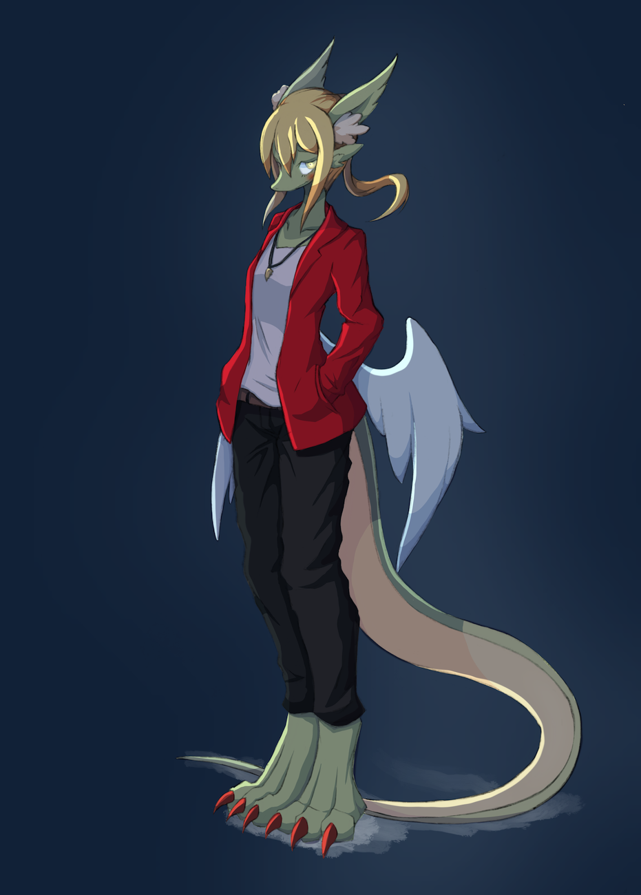1girl 4139 blonde_hair blue_background claws dragon_tail female furry hands_in_pockets original simple_background solo standing tail wings