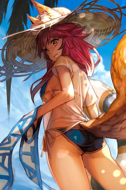 animal_ear_fluff animal_ears ass bangs bikini blue_bikini blue_sky breasts closed_mouth day ears_through_headwear fate/grand_order fate_(series) fox_ears fox_tail hair_between_eyes hankuri hat hips innertube large_breasts long_hair looking_at_viewer looking_back palm_tree pink_hair sash shade shirt sidelocks sky smile solo straw_hat sun_hat sunlight swimsuit tail tamamo_(fate)_(all) tamamo_no_mae_(swimsuit_lancer)_(fate) thighs tree wet wet_clothes wet_shirt wet_t-shirt yellow_eyes