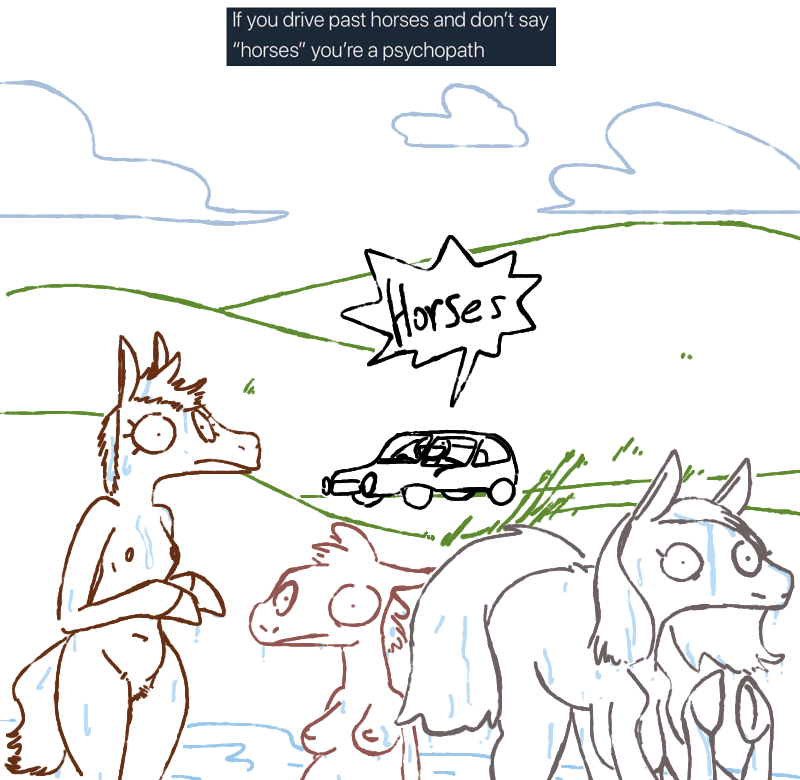 ambiguous_gender anthro breasts car dialogue dripping driving english_text equine female group hooves horse human humor mammal mane nipples nude outside pubes sketch small_breasts speech_bubble standing surprise text the_weaver vehicle water wet