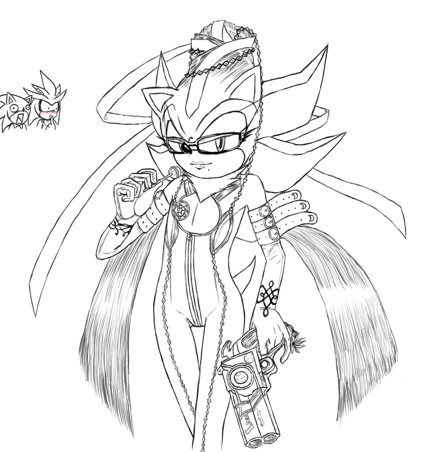 2010 bayonetta gun kyoshinhei male monochrome ranged_weapon shadow_the_hedgehog silver_the_hedgehog sonic_(series) sonic_the_hedgehog traditional_media_(artwork) video_games weapon