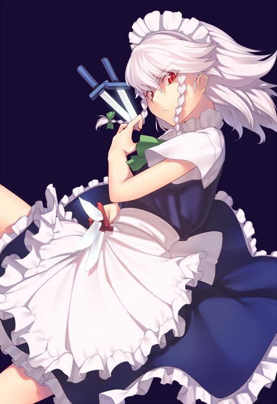 apron blue_background blue_dress bow braid commentary_request cowboy_shot dress eyebrows_visible_through_hair frilled_apron frills green_bow green_neckwear green_ribbon hair_between_eyes hair_bow holding holding_knife holding_weapon izayoi_sakuya kaiza_(rider000) knife knives_between_fingers looking_at_viewer maid maid_apron maid_headdress neck_ribbon petticoat red_eyes ribbon short_hair short_sleeves silver_hair simple_background solo touhou twin_braids v-shaped_eyebrows waist_apron weapon white_apron