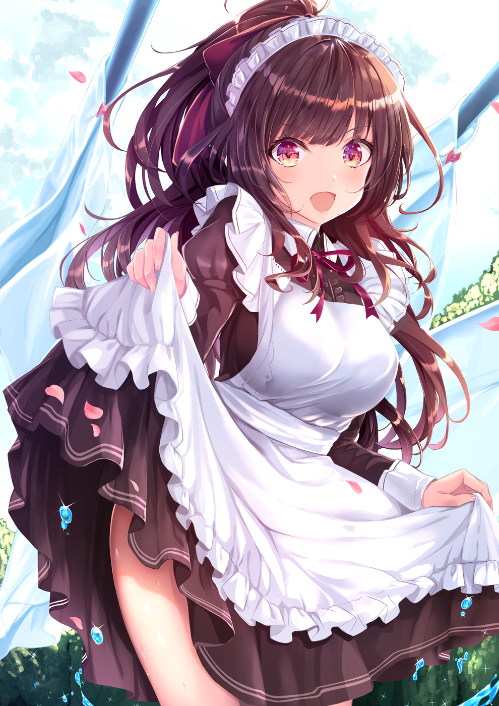 :d apron black_hair commentary day droplet frilled_apron frills haruka_natsuki highres juliet_sleeves long_hair long_sleeves looking_at_viewer maid maid_apron maid_headdress medium_dress neck_ribbon open_mouth original outdoors ponytail puffy_sleeves purple_neckwear red_eyes ribbon skirt_hold smile solo sparkle standing water_drop white_apron wind