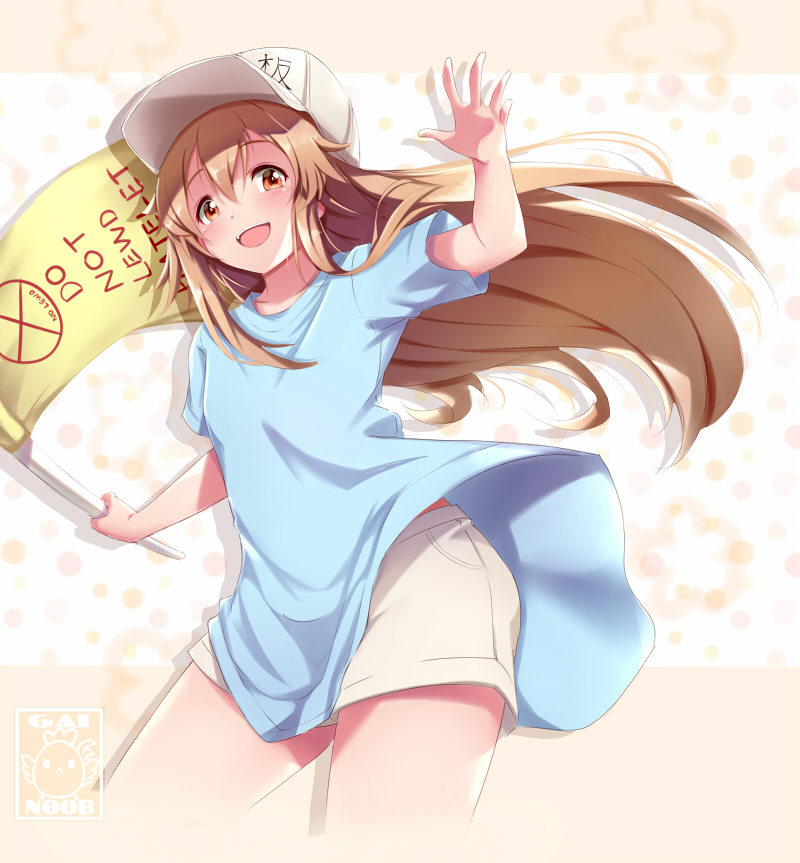arm_up baseball_cap blonde_hair blue_shirt blush breasts commentary cowboy_shot english english_commentary flag gainoob hat hataraku_saibou long_hair looking_at_viewer meme no_symbol open_mouth orange_eyes oversized_clothes oversized_shirt platelet_(hataraku_saibou) shirt short_sleeves shorts small_breasts smile solo white_shorts wind wind_lift