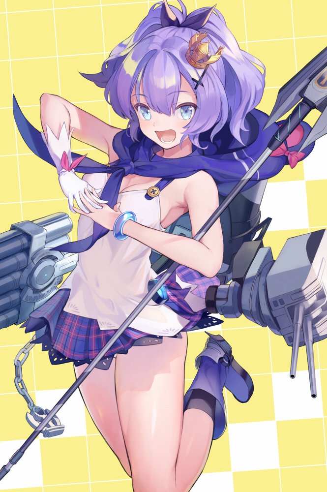 :d anchor azur_lane blue_eyes bracelet cannon chain commentary_request crown eyebrows_visible_through_hair gloves hair_ornament hairclip javelin javelin_(azur_lane) jewelry long_hair looking_at_viewer mini_crown open_mouth plaid plaid_skirt ponytail purple_hair rigging single_glove skirt smile solo supertie tilted_headwear turret white_gloves yellow_background