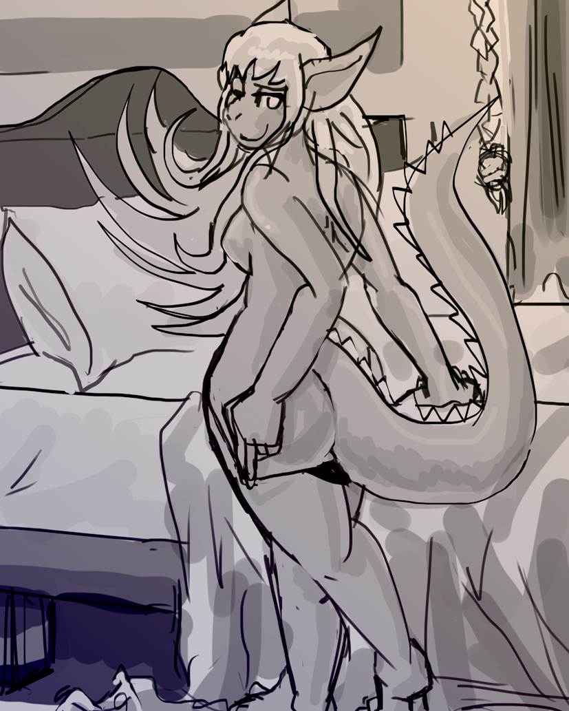 2018 anthro bedroom breasts clothed clothing dragon female hair inside kaya_(twin_dragons) long_hair manpersonguy monochrome mrease partially_clothed scalie sketch skimpy solo standing twin_dragons_(webcomic) underwear