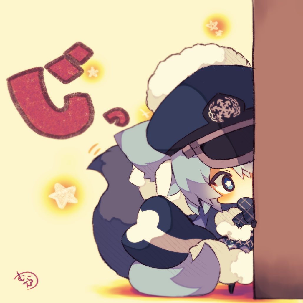 animal_ear_fluff animal_ears around_corner blue_eyes blue_hair bow bowtie chibi commentary hat looking_at_viewer muuran original peaked_cap snowflake_print solo standing star star-shaped_pupils symbol-shaped_pupils tail