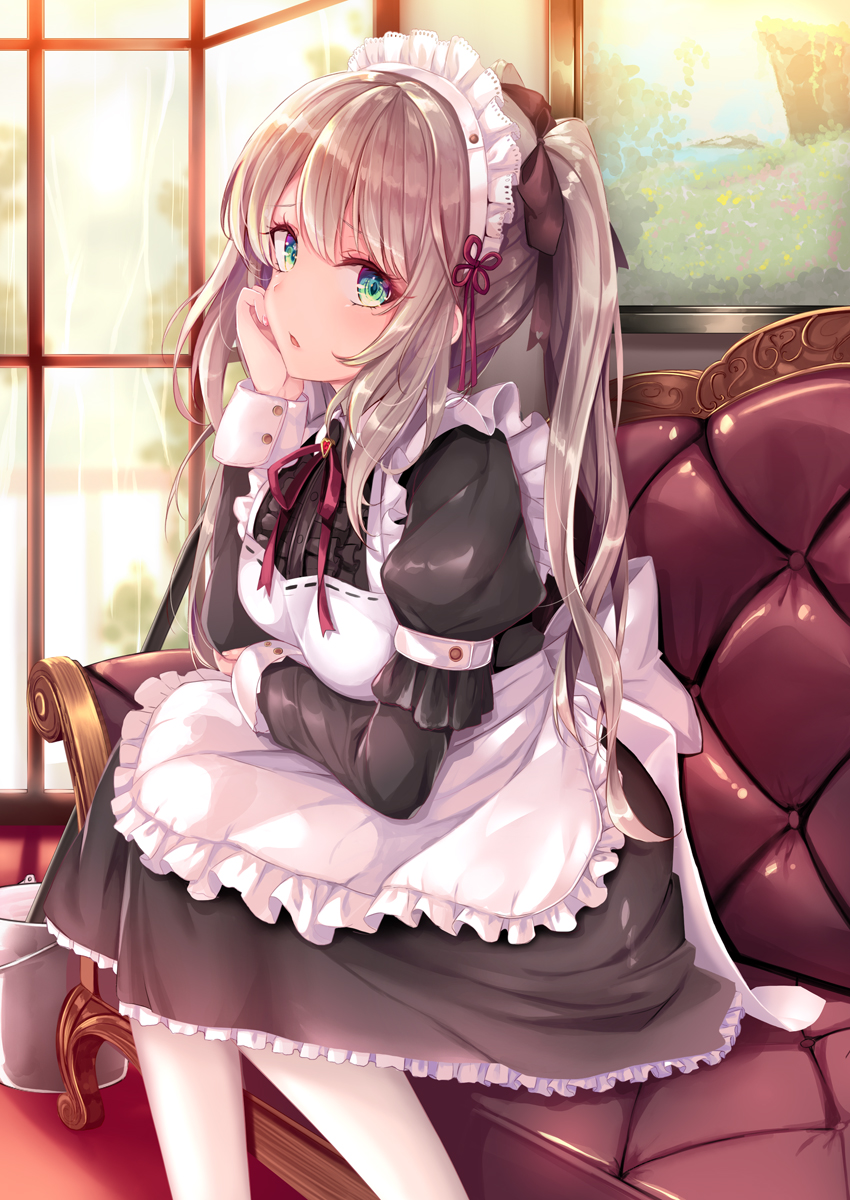 apron arm_grab bangs black_dress brown_hair bucket chin_rest closed_mouth collared_dress commentary couch dress frilled_apron frilled_dress frills frown green_eyes hair_ribbon haruka_natsuki highres indoors juliet_sleeves long_hair long_sleeves looking_at_viewer maid maid_apron maid_headdress medium_dress mop neck_ribbon on_couch original pantyhose parted_lips puffy_sleeves red_ribbon ribbon sitting solo twintails white_apron white_legwear
