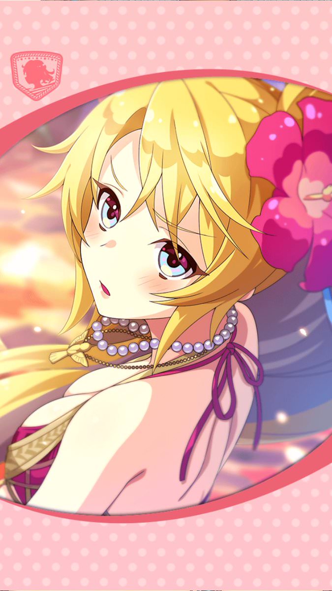 artist_request blonde_hair blue_eyes blush breasts flower framed_image hair_flower hair_ornament highres jewelry large_breasts long_hair megiddo_(phantom_of_the_kill) necklace official_art open_mouth pearl_necklace phantom_of_the_kill purple_bikini_top