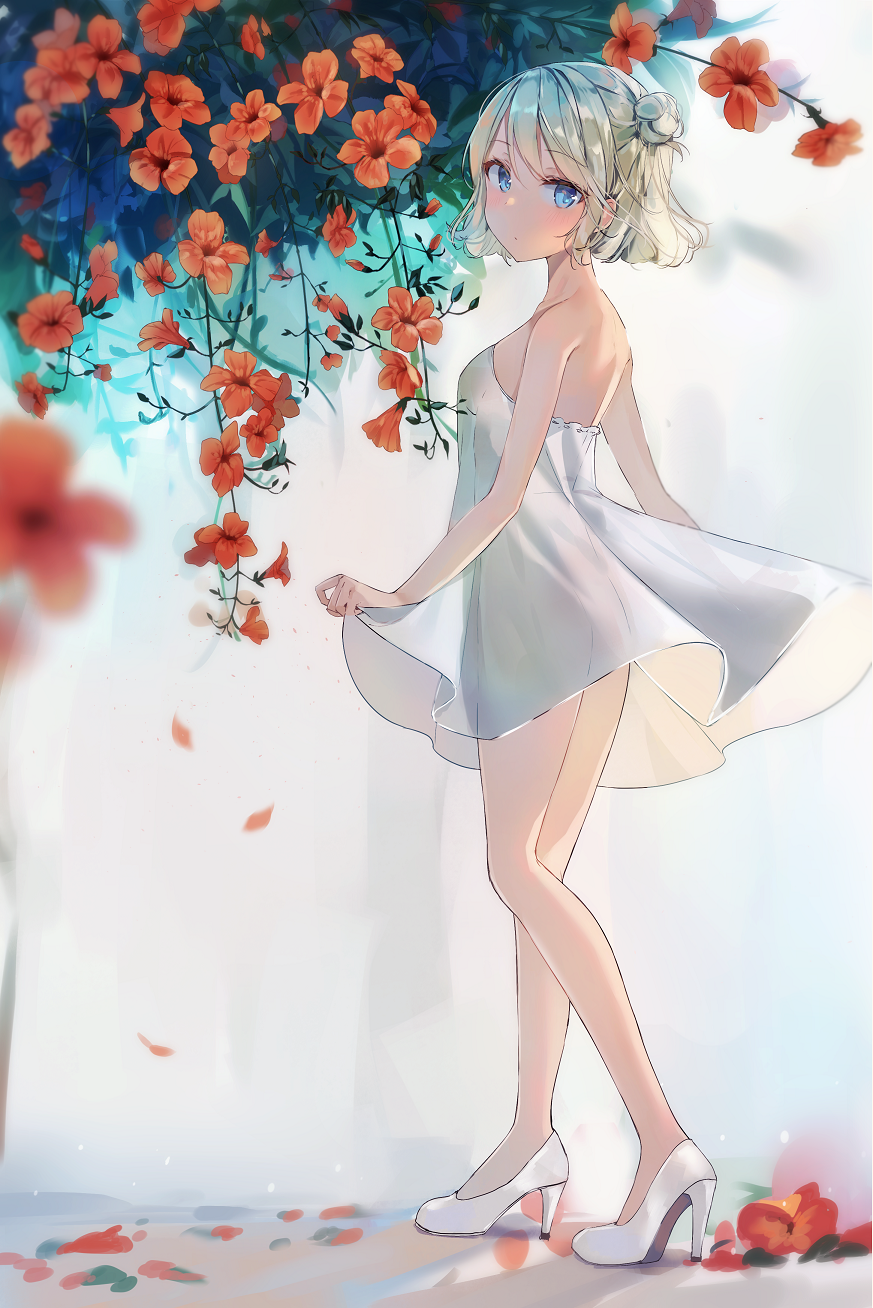 ass bangs bare_shoulders blonde_hair blue_eyes blurry breasts commentary depth_of_field dress eyebrows_visible_through_hair flower from_side full_body hair_bun high_heels highres looking_at_viewer looking_to_the_side original plant sabet_(young_ouo) see-through see-through_silhouette shoes short_hair skirt_hold small_breasts solo standing strapless strapless_dress sundress trumpet_creeper vines white_dress white_footwear