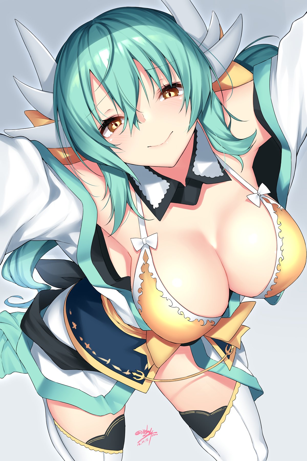 bangs bare_shoulders bikini blush bow breasts cleavage closed_mouth commentary_request detached_collar dragon_girl dragon_horns fate/grand_order fate_(series) green_hair hair_between_eyes hair_bow highres horns japanese_clothes kimono kiyohime_(fate/grand_order) kiyohime_(swimsuit_lancer)_(fate) large_breasts long_hair looking_at_viewer nebusoku obi open_clothes open_kimono sash sidelocks slit_pupils smile solo swimsuit thighs white_kimono white_legwear yellow_bikini yellow_bow yellow_eyes