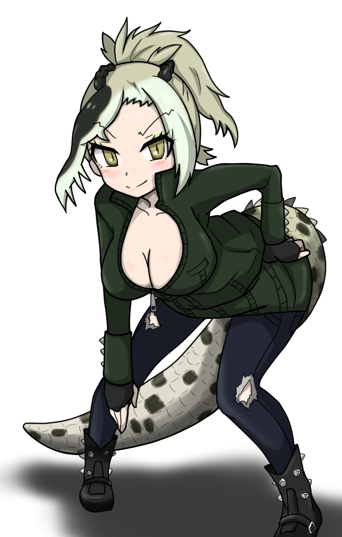 2018 4_fingers animal_humanoid bent_over big_breasts biped black_hair black_scales black_spots blue_clothing blush boots breasts cleavage clothed clothing collarbone crocodile crocodilian crocodilian_humanoid digital_drawing_(artwork) digital_media_(artwork) female fingerless_gloves footwear front_view full-length_portrait gloves green_clothing hair hand_on_hip hoodie huge_breasts humanoid humanoid_hands jeans kemono_friends light_skin long_tail looking_at_viewer multicolored_hair multicolored_scales pants ponytail portrait reptile reptile_humanoid saltwater_crocodile saltwater_crocodile_(kemono_friends) scales scalie shadow simple_background slit_pupils smile solo spiked_tail spikes spots spotted_scales spotted_tail standing tan_hair tan_scales tan_skin torn_clothing torn_jeans torn_pants two_tone_scales two_tone_tail white_background white_hair yellow_eyes らまぬ