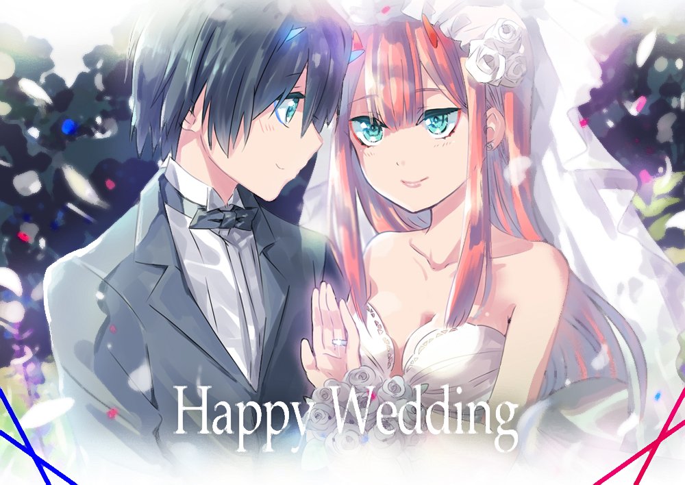 1girl bangs bare_shoulders black_hair black_neckwear blue_eyes blue_horns blush bow bowtie breasts bridal_veil cleavage collarbone collared_shirt commentary_request couple darling_in_the_franxx dress english eyebrows_visible_through_hair flower formal futami_(futamito) green_eyes grey_suit hair_flower hair_ornament hand_up hetero hiro_(darling_in_the_franxx) horns jewelry long_hair long_sleeves looking_at_another medium_breasts oni_horns pink_hair red_horns ring shirt suit veil wedding_dress wedding_ring what_if white_dress white_shirt wing_collar zero_two_(darling_in_the_franxx)