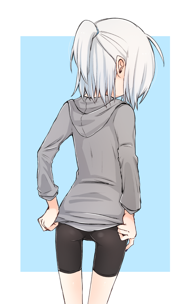 bike_shorts blue_background frills higashi_shino hood hood_down hoodie long_sleeves original pointy_ears short_hair short_ponytail simple_background solo white_hair