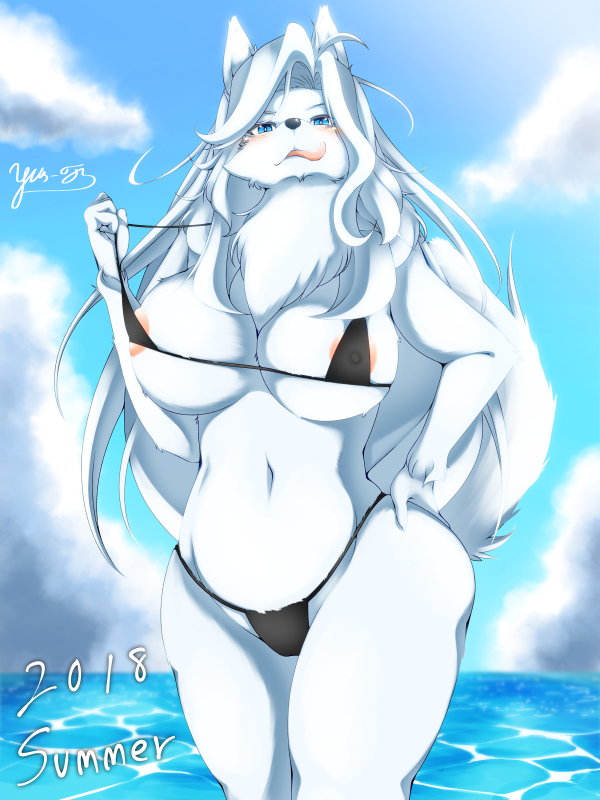 anthro beach big_breasts bikini blue_eyes blush breasts canine clothing dog female fur hair licking licking_lips long_hair looking_at_viewer mammal seaside sky smile solo swimsuit tongue tongue_out water white_fur yus-ts
