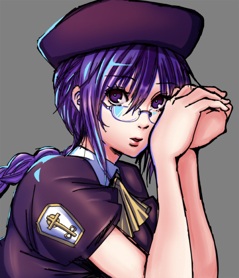 beret bespectacled braid commentary_request cravat glasses hat long_hair looking_at_viewer melty_blood puffy_short_sleeves puffy_sleeves purple_eyes purple_hair rimless_eyewear short_sleeves single_braid sion_eltnam_atlasia solo tagami_haru tsukihime