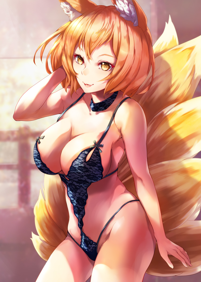 animal_ear_fluff animal_ears bare_arms bare_shoulders blonde_hair blue_choker breasts choker collarbone commentary cowboy_shot fox_ears fox_tail groin hand_in_hair hand_up highleg highres large_breasts lingerie lips lipstick looking_at_viewer makeup mayonaka_taruho multiple_tails parted_lips railing short_hair smile solo spaghetti_strap standing stomach tail thighs touhou underwear underwear_only yakumo_ran yellow_eyes