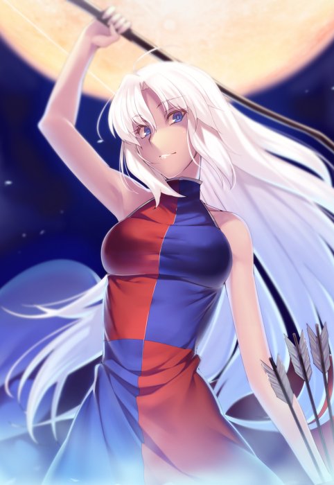 adapted_costume arm_up armpits arrow bare_arms bare_shoulders blue_dress blue_eyes bow_(weapon) breasts commentary cowboy_shot dress eyebrows_visible_through_hair full_moon grin holding holding_arrow holding_bow_(weapon) holding_weapon kaiza_(rider000) long_hair medium_breasts moon multicolored multicolored_clothes multicolored_dress night night_sky no_hat no_headwear outdoors parted_lips red_dress silver_hair sky sleeveless sleeveless_dress sleeveless_turtleneck smile solo standing touhou turtleneck very_long_hair weapon yagokoro_eirin