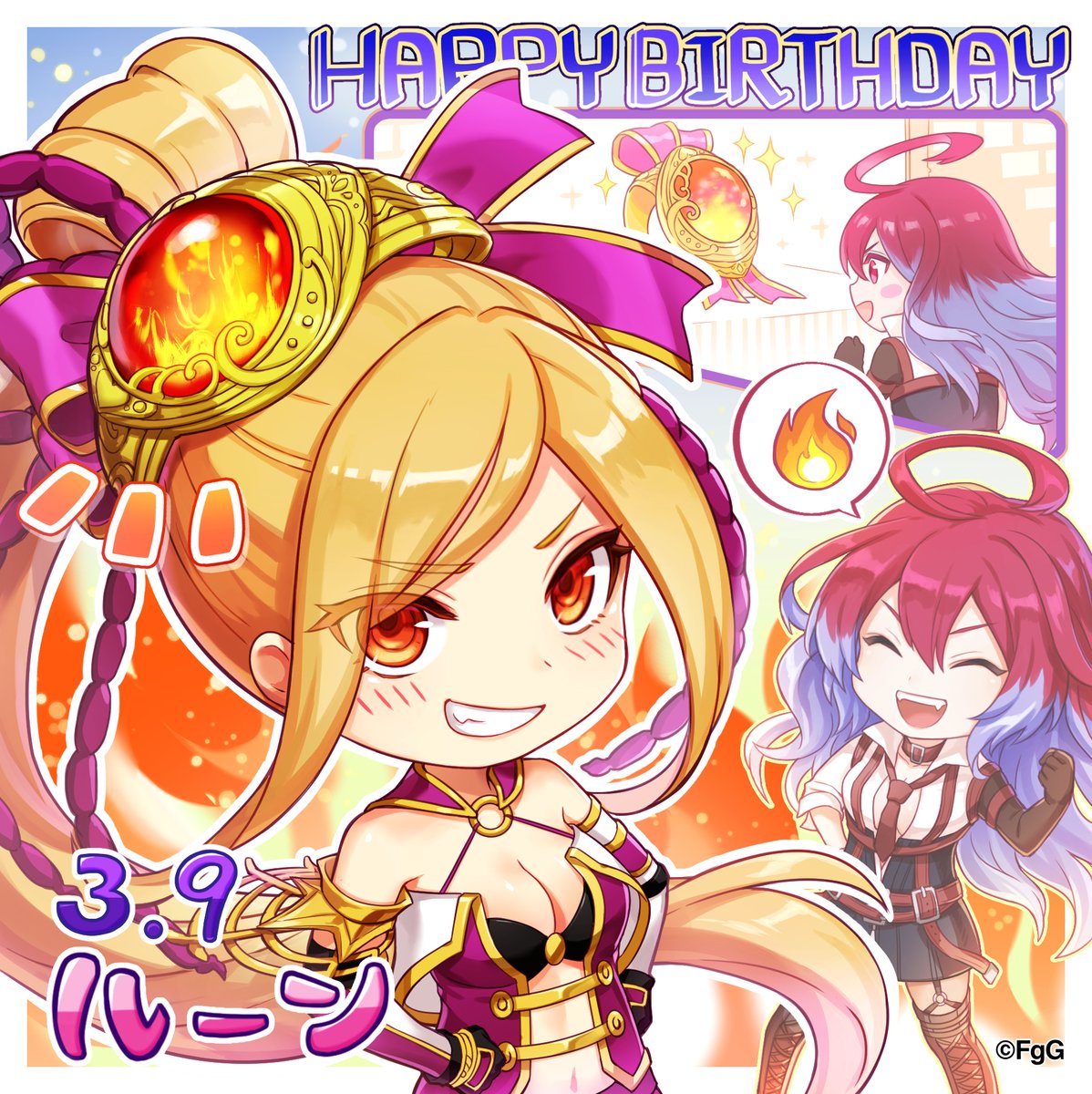 ahoge artist_request blonde_hair blush_stickers bow breasts chibi cleavage closed_eyes company_name eyebrows_visible_through_hair eyes_visible_through_hair grin hair_between_eyes hair_bow hair_ornament hands_on_hips happy_birthday highres inset jewelry long_hair luin_(phantom_of_the_kill) multicolored_hair multiple_girls official_art open_mouth orange_eyes phantom_of_the_kill pinaka ponytail red_eyes red_hair smile sparkle two-tone_hair