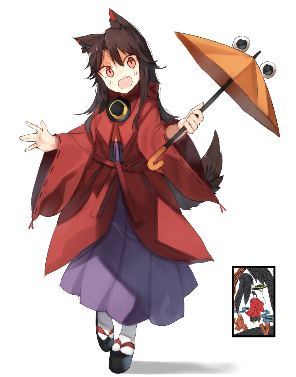 alternate_costume animal_ears black_footwear blush brown_hair brown_umbrella commentary_request eyebrows_visible_through_hair fang full_body geta hair_between_eyes head_tilt highres holding holding_umbrella imaizumi_kagerou kasuka_(kusuki) long_hair long_skirt long_sleeves looking_at_viewer open_mouth purple_skirt pyonta red_eyes red_robe ribbon-trimmed_sleeves ribbon_trim robe sidelocks simple_background skirt socks solo standing tail touhou umbrella white_background white_legwear wide_sleeves wolf_ears wolf_tail