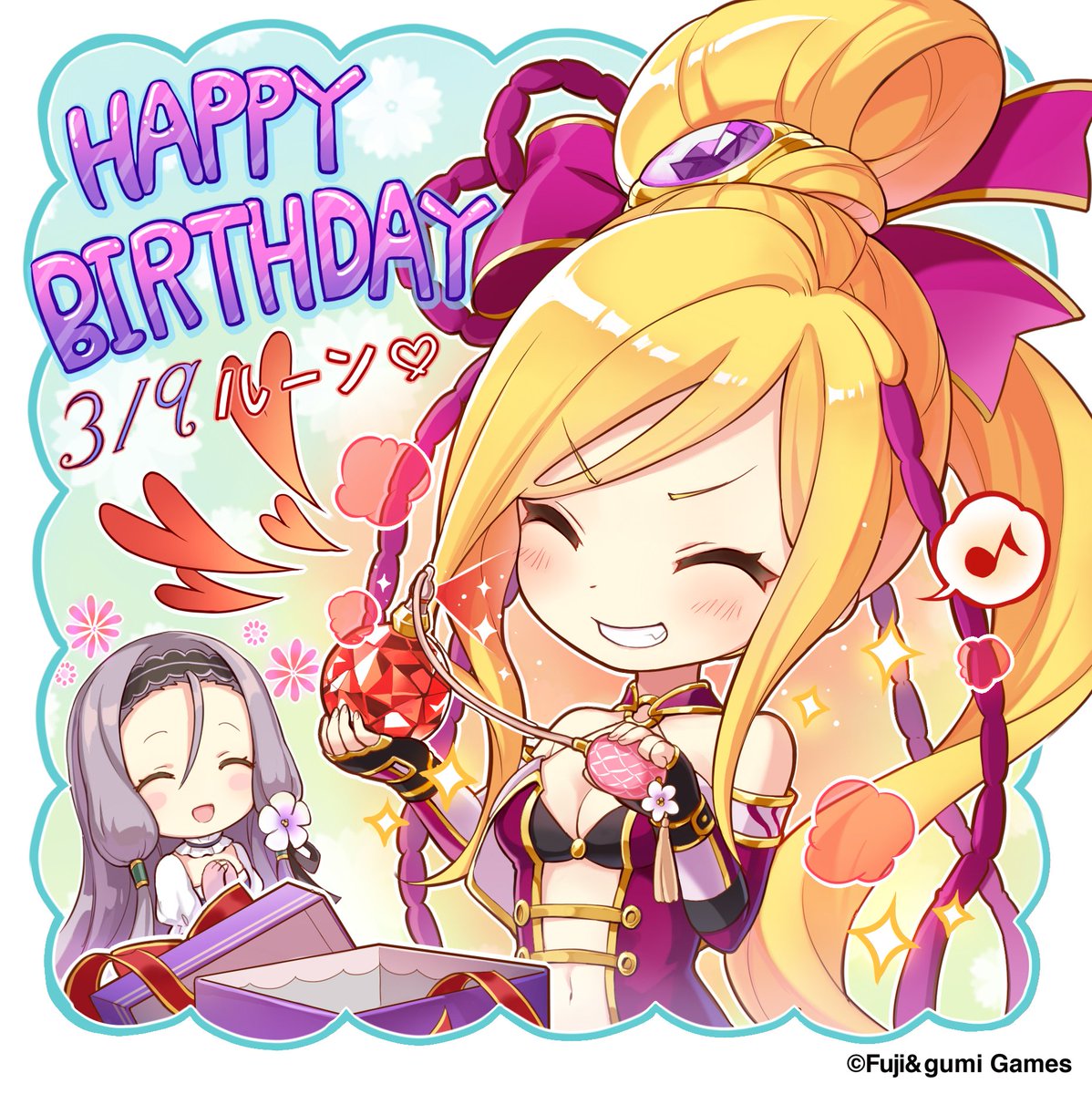 artist_request blonde_hair blush bottle bow breasts chibi cleavage closed_eyes company_name fingerless_gloves flower gift gloves grin hair_between_eyes hair_flower hair_ornament hairband hands_clasped happy_birthday heart highres jewelry long_hair luin_(phantom_of_the_kill) multiple_girls official_art open_mouth own_hands_together perfume perfume_bottle phantom_of_the_kill ponytail purple_bow rhongomyniad_(phantom_of_the_kill) silver_hair smile sparkle