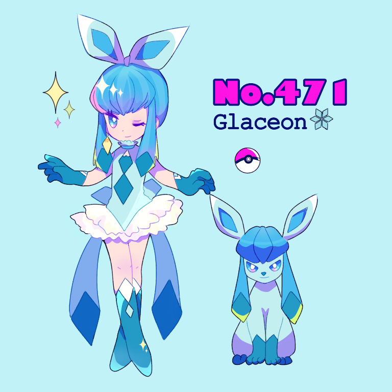 bad_id bad_pixiv_id bangs blue_background blue_eyes blue_gloves character_name earrings english full_body gen_4_pokemon glaceon gloves jewelry long_hair looking_at_viewer mameeekueya moemon one_eye_closed personification poke_ball pokemon pokemon_(creature) shoes simple_background sleeveless smile sparkle