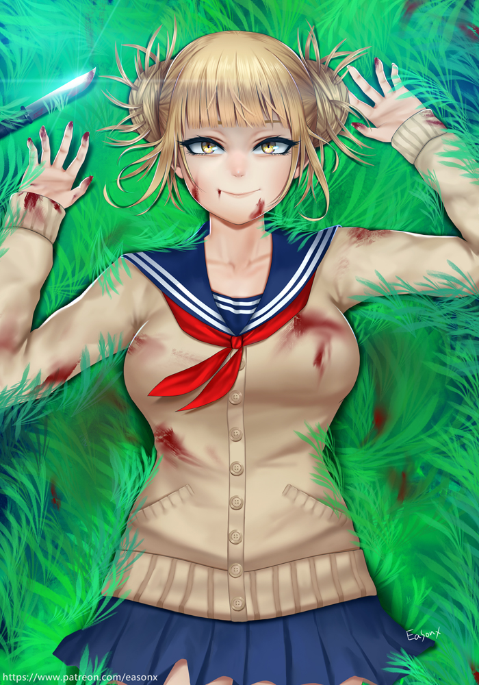 blonde_hair blood blood_stain bloody_clothes bloody_hands boku_no_hero_academia cardigan commentary_request double_bun easonx eyelashes from_above grass hair_bun knife looking_at_viewer lying messy_hair on_back sailor_collar school_uniform skirt smile solo toga_himiko upper_body yellow_eyes