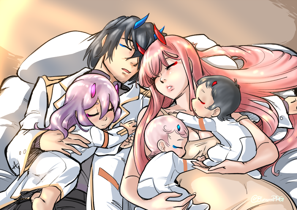 3girls baby bangs bare_shoulders bed_sheet beige_dress black_hair black_pants blossomppg blue_horns breasts child cleavage closed_eyes coat collarbone commentary couple darling_in_the_franxx dress english_commentary facial_hair goatee grey_shirt hand_on_another's_back hetero hiro_(darling_in_the_franxx) holding horns if_they_mated long_coat long_hair long_sleeves lying lying_on_person medium_breasts military military_uniform multiple_boys multiple_girls on_back oni_horns open_clothes open_coat pants pillow pink_hair purple_hair red_horns shirt short_hair signature sleeping sleeping_on_person sleeveless sleeveless_dress uniform white_coat white_dress zero_two_(darling_in_the_franxx)