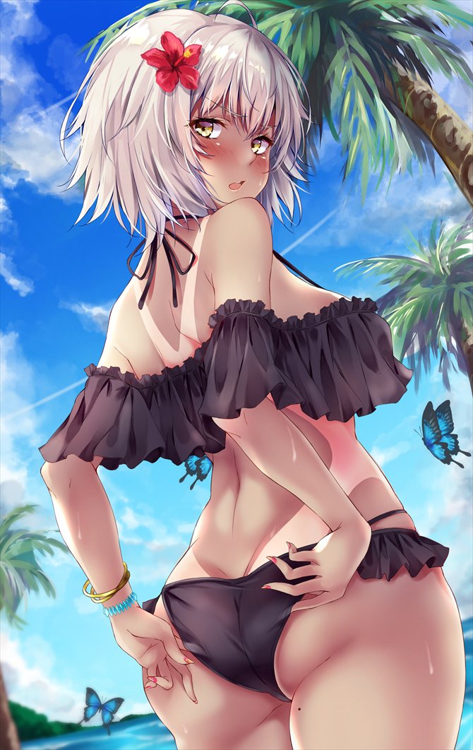 adjusting_clothes adjusting_swimsuit ahoge alternate_costume ass bangle bangs bikini black_bikini blue_sky blush bracelet breasts bug butt_crack butterfly cloud commentary_request cowboy_shot day dutch_angle eyebrows_visible_through_hair fate/grand_order fate_(series) fingernails flower frilled_bikini frills from_behind hair_between_eyes hair_flower hair_ornament insect jeanne_d'arc_(alter)_(fate) jeanne_d'arc_(fate)_(all) jewelry large_breasts looking_at_viewer looking_back marisasu_(marisa0904) mole mole_on_thigh nail_polish ocean off_shoulder open_mouth outdoors palm_tree red_flower red_nails short_hair shoulder_blades sidelocks silver_hair skindentation sky solo swimsuit swimsuit_tan tan tanline thighs tree wet yellow_eyes