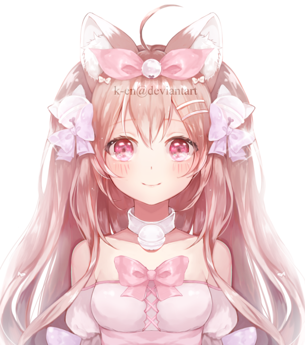 ahoge animal_ears bangs bare_shoulders bell bell_collar blush bow brown_hair cat_ears collar commission dress hair_between_eyes hair_bow hair_ornament hair_ribbon hairclip k-en long_hair looking_at_viewer original pink_eyes ribbon smile strapless strapless_dress upper_body