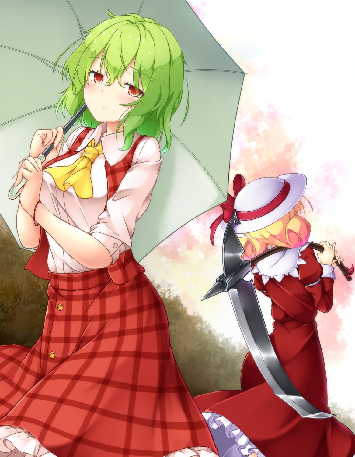 aka_tawashi ascot ass blonde_hair blush bow breasts commentary_request dress elly eyebrows_visible_through_hair feet_out_of_frame from_behind green_hair green_umbrella hair_between_eyes hat hat_bow highres holding holding_scythe holding_umbrella holding_weapon juliet_sleeves kazami_yuuka large_breasts long_sleeves looking_at_viewer multiple_girls over_shoulder petticoat plaid plaid_skirt plaid_vest puffy_sleeves red_bow red_dress red_eyes red_ribbon red_skirt red_vest ribbon scythe shirt short_hair short_sleeves skirt standing touhou touhou_(pc-98) umbrella vest weapon weapon_over_shoulder white_hat white_shirt wing_collar yellow_neckwear