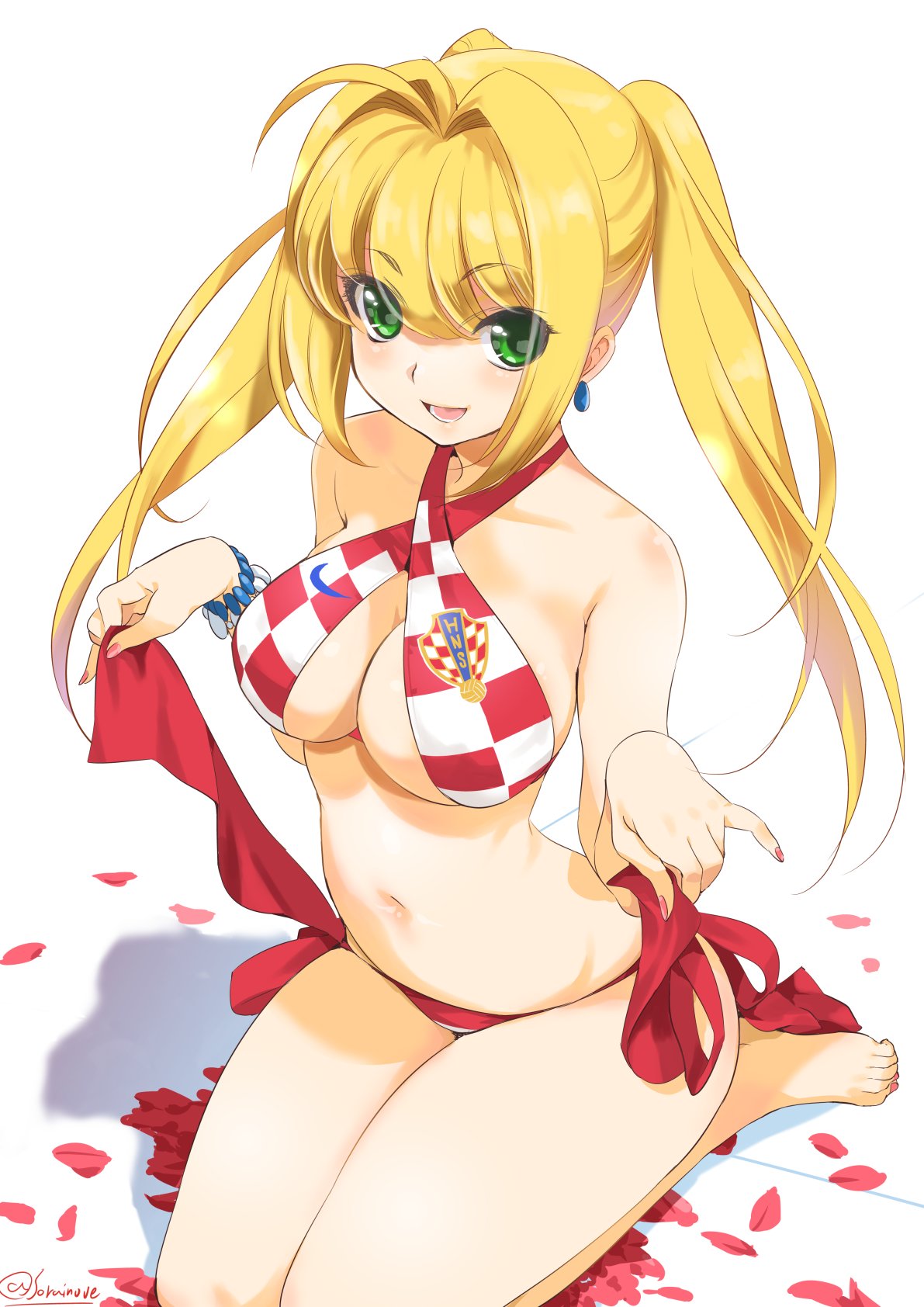 2018_fifa_world_cup adapted_costume ahoge bare_arms bare_legs bare_shoulders bikini blonde_hair breasts checkered checkered_bikini cleavage commentary_request criss-cross_halter croatia earrings fate/grand_order fate_(series) green_eyes halterneck highres inoue_sora jewelry long_hair nail_polish nero_claudius_(fate)_(all) nero_claudius_(swimsuit_caster)_(fate) nike open_mouth petals red_bikini side-tie_bikini sitting smile soccer soccer_uniform solo sportswear stomach swimsuit white_background world_cup