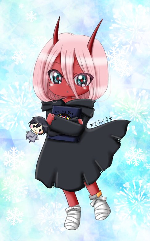 bandages black_cloak book cloak commentary_request darling_in_the_franxx doll eyebrows_visible_through_hair eyes_visible_through_hair green_eyes hiro_(darling_in_the_franxx) holding holding_book holding_doll hood hooded_cloak horns long_hair looking_at_another oni_horns parka pink_hair red_horns red_pupils red_skin rirakkumahiroko solo younger zero_two_(darling_in_the_franxx)