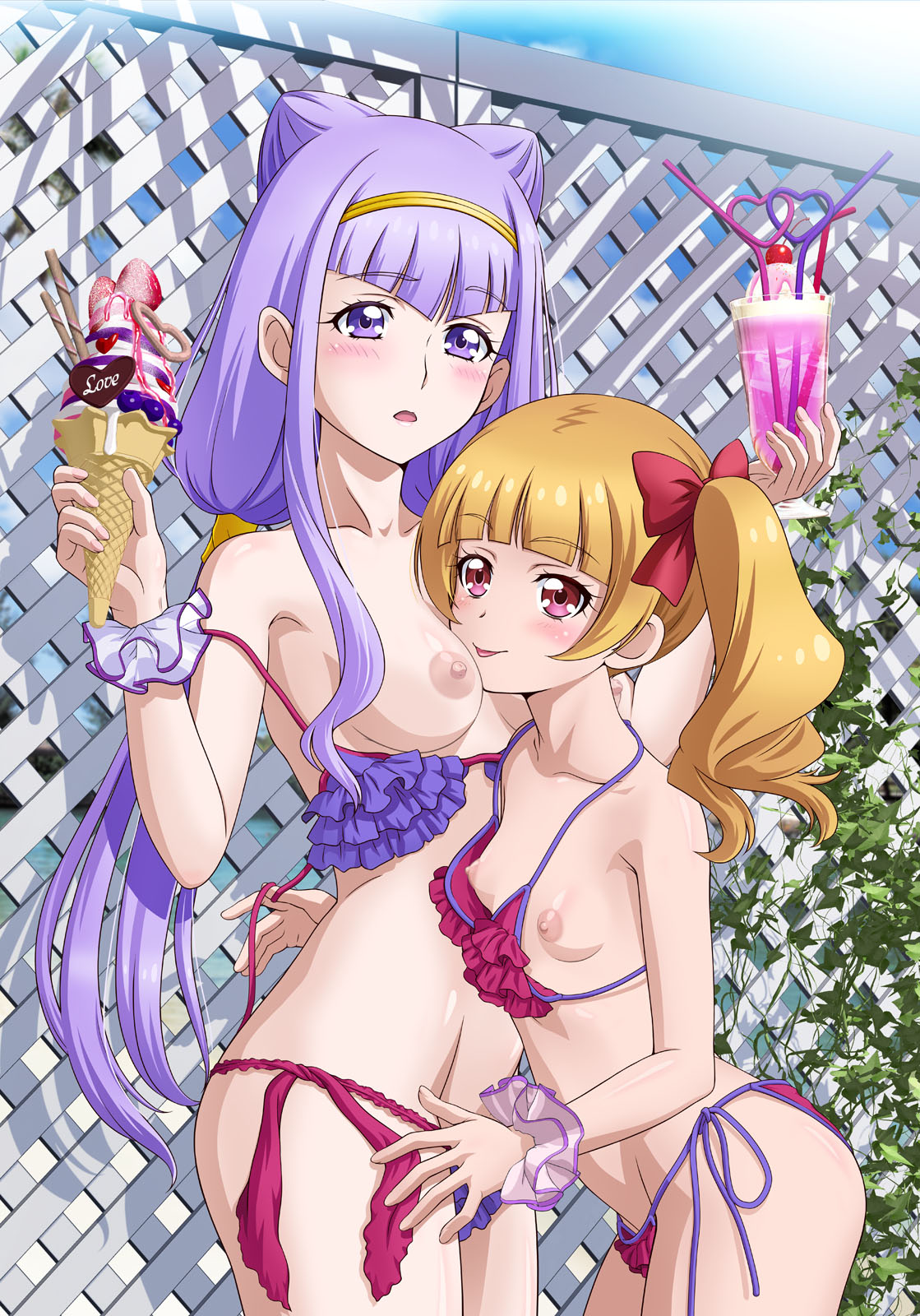 aisaki_emiru bikini blonde_hair blush breasts crazy_straw drinking_straw fence food heart_straw highres hugtto!_precure ice_cream ice_cream_cone ice_cream_float long_hair multiple_girls nipples precure purple_eyes purple_hair red_eyes ruru_amour scrunchie side-tie_bikini small_breasts swimsuit tooo twintails wrist_scrunchie yuri